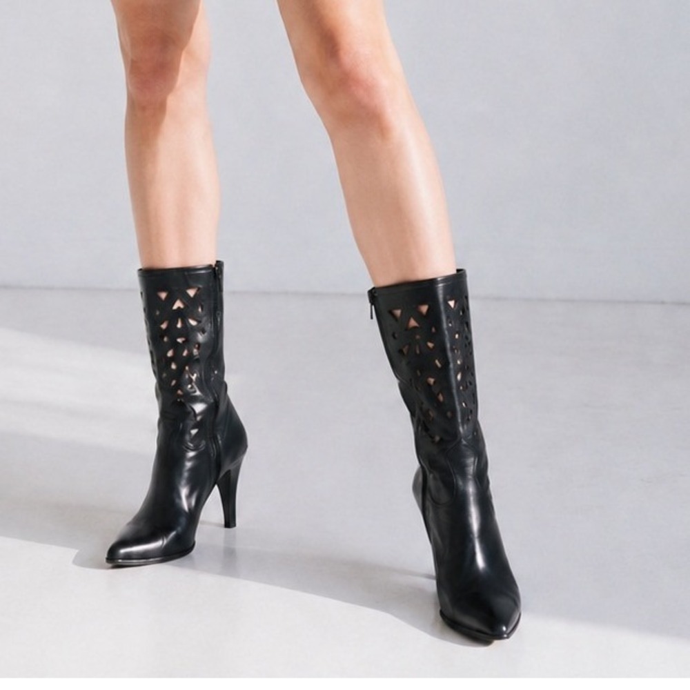 Y2K MIA Black Leather Laser Cut Geometric Mid Calf Pointed Toe High Heel Boots 8